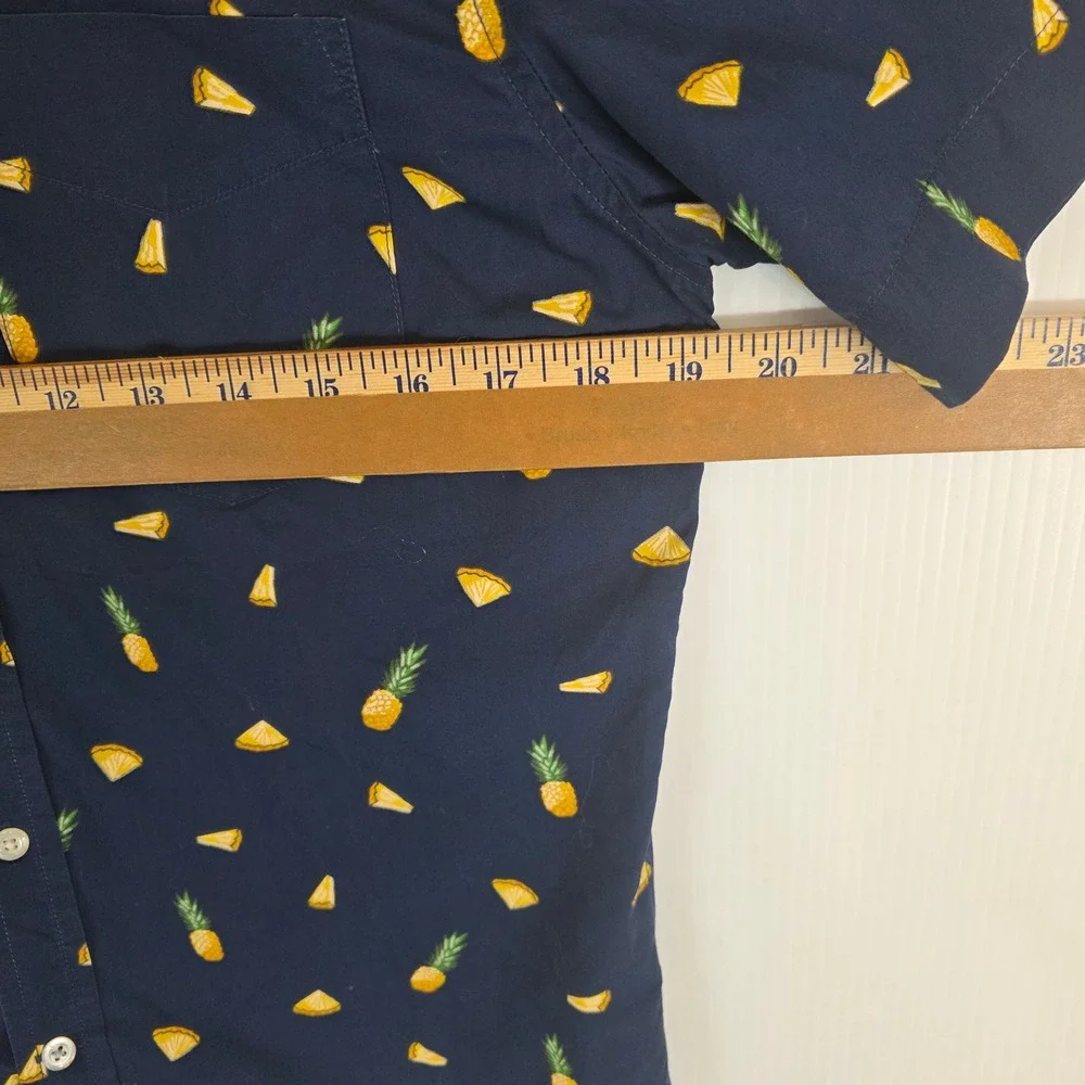 Banana‎ Republic Luxe Poplin Shirt Mens Small Blue Pineapple AOP Slim Fit Swing